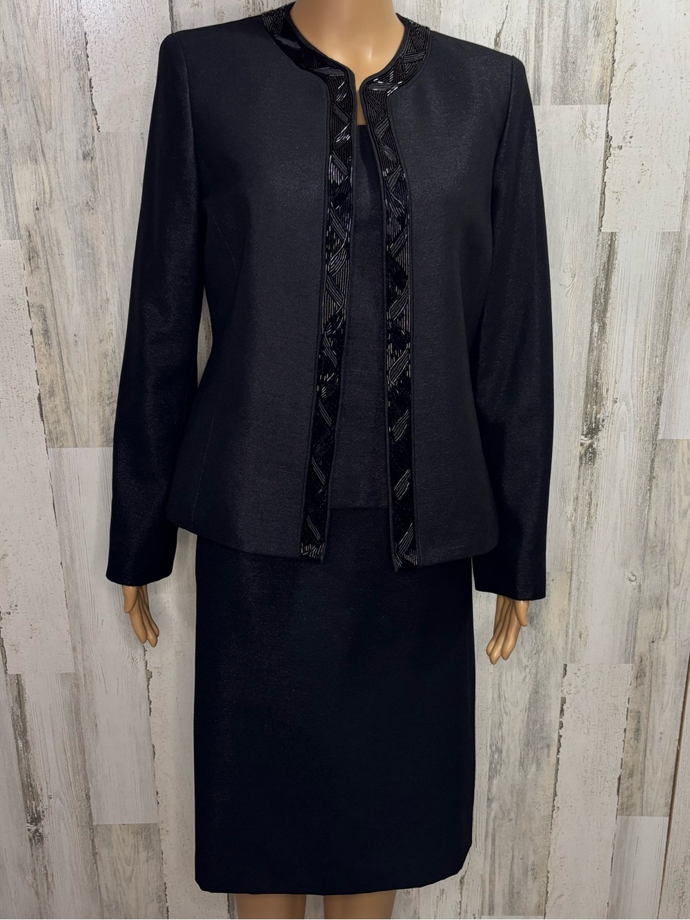Kasper Black Beaded Trim Three-Piece Skirt Set Suit